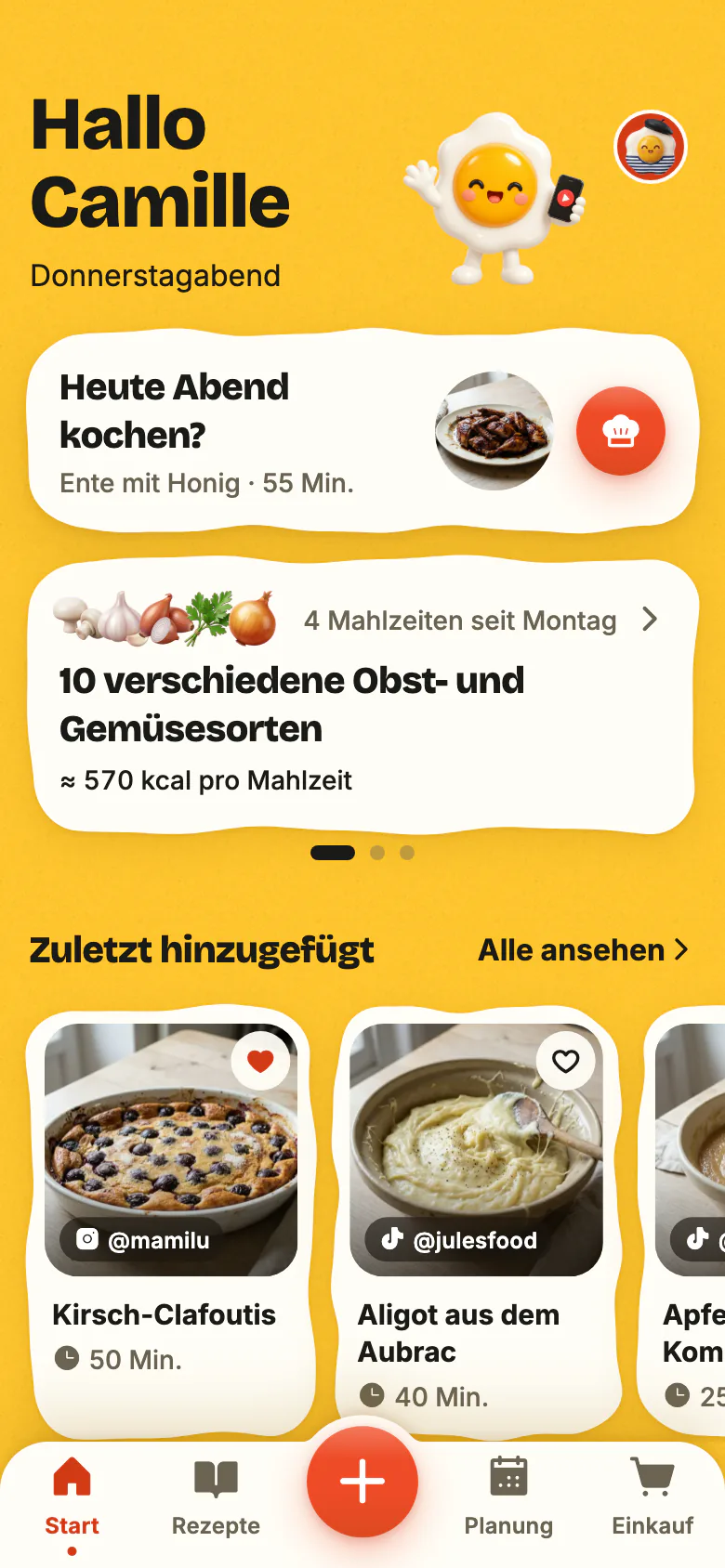 Der Startbildschirm von Yumclip an einem Abend unter der Woche: „Heute Abend kochen?“ schlägt ein Rezept vor, die Woche zählt ihr Obst und Gemüse, darunter die zuletzt hinzugefügten Rezepte.