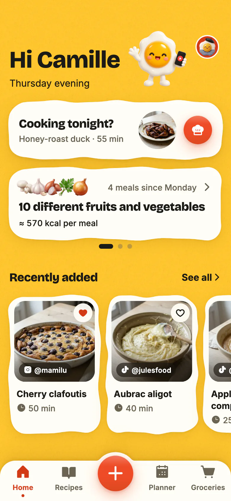 Yumclip’s Home screen on a weekday evening: “Cooking tonight?” suggests a recipe, the week counts its fruit and vegetables, and recently added recipes follow.