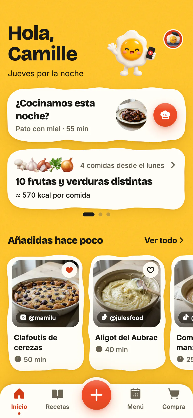 La pantalla de inicio de Yumclip una noche entre semana: «¿Cocinamos esta noche?» propone una receta, la semana cuenta sus frutas y verduras, y debajo, las recetas añadidas hace poco.