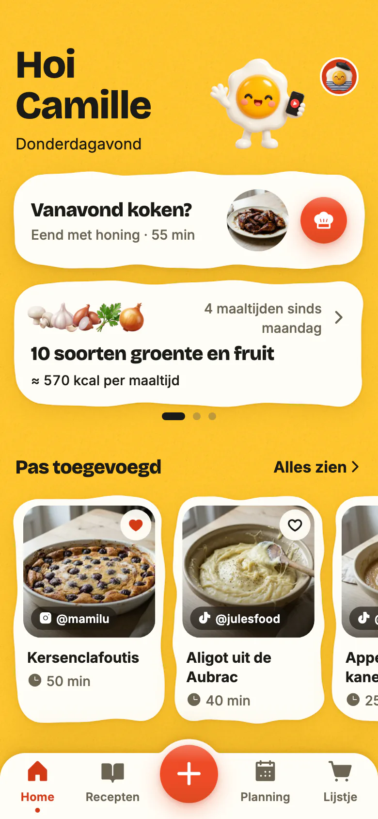 Het startscherm van Yumclip op een doordeweekse avond: “Vanavond koken?” stelt een recept voor, de week telt haar groente en fruit, en daaronder de pas toegevoegde recepten.