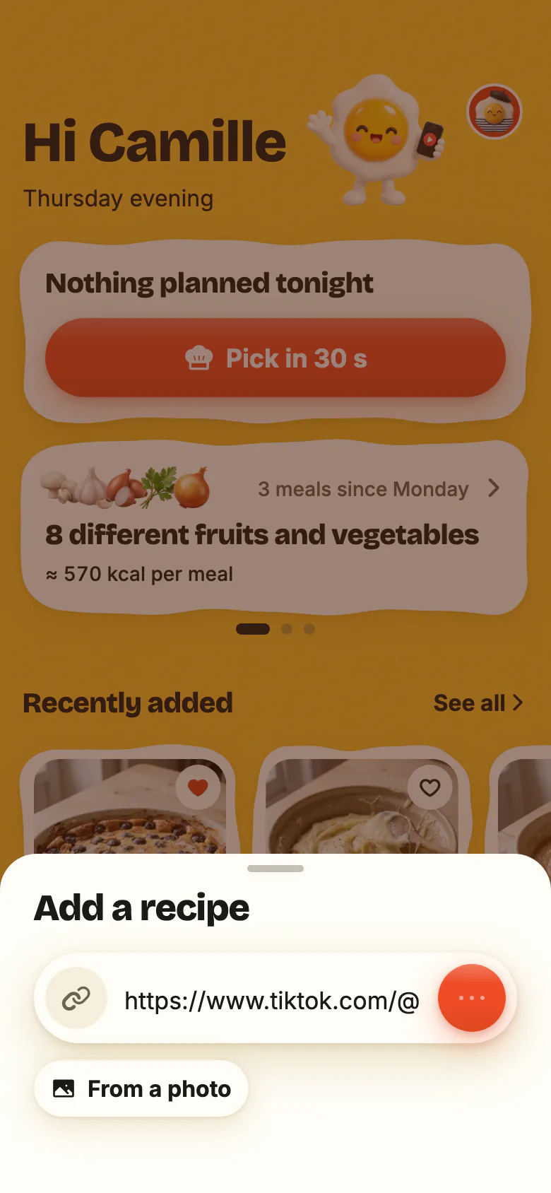 Yumclip’s Home screen: a recipe link pasted into the field, the import moving along, then the new recipe arriving.