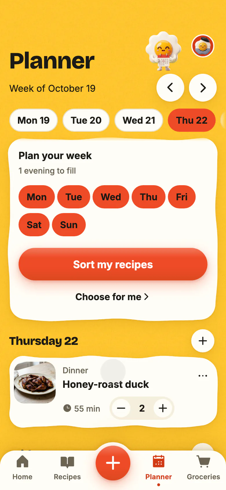 Yumclip’s planner: a recipe set for tonight, then the week’s other evenings filling up.