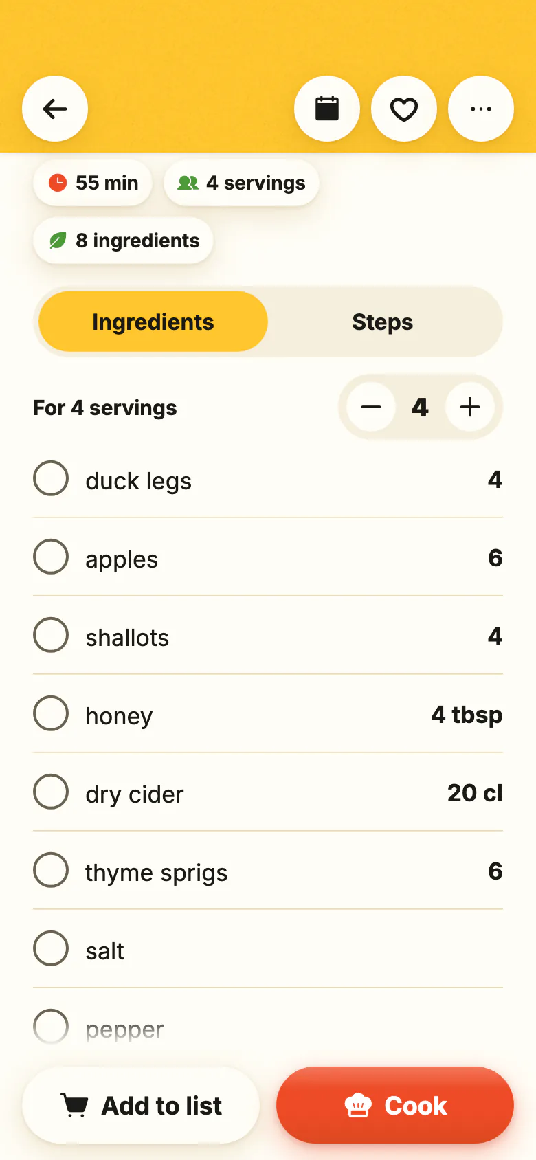 A recipe in Yumclip: the ingredients and their amounts, the number of servings changing, then the steps, each linked to its moment in the video.
