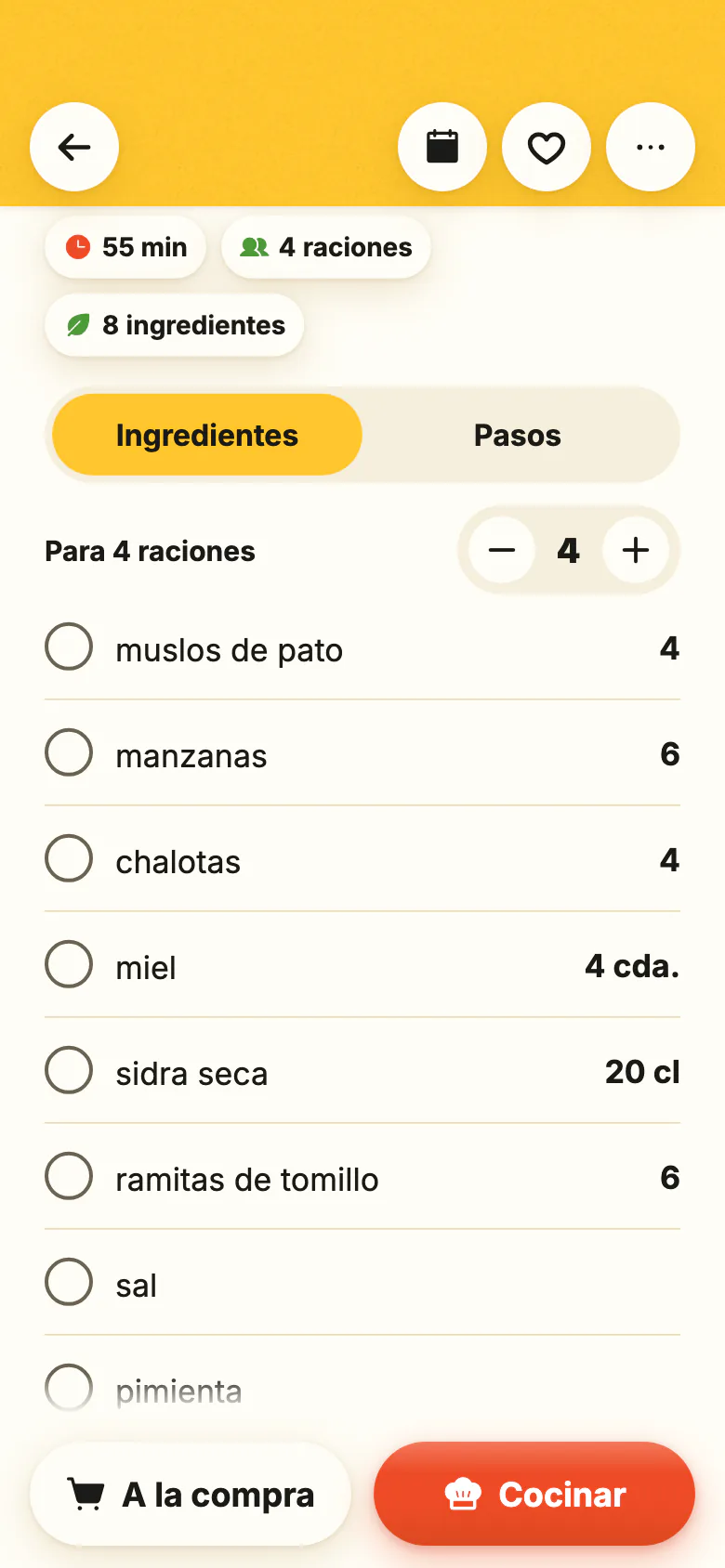 Una receta en Yumclip: los ingredientes con sus cantidades, el número de raciones que cambia y los pasos, cada uno enlazado a su momento del vídeo.