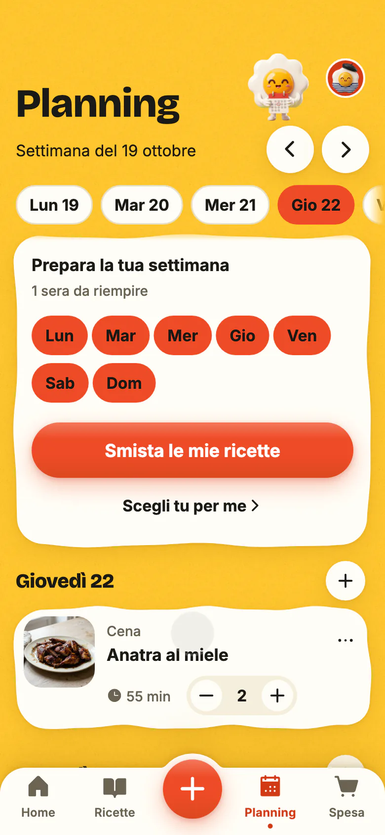 Il planning di Yumclip: una ricetta per stasera, poi le altre sere della settimana che si riempiono.