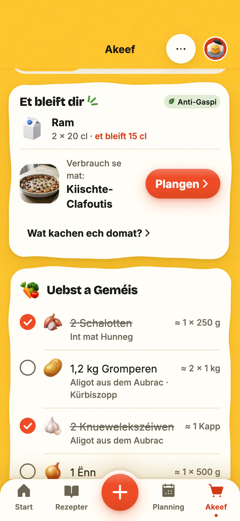 D’Akeefslëscht vu Yumclip, no Rayon sortéiert: Produiten, déi een nom aneren ofgekräizt ginn, dann „Et bleift dir“ an d’Rezept, dat de Rescht verbraucht.