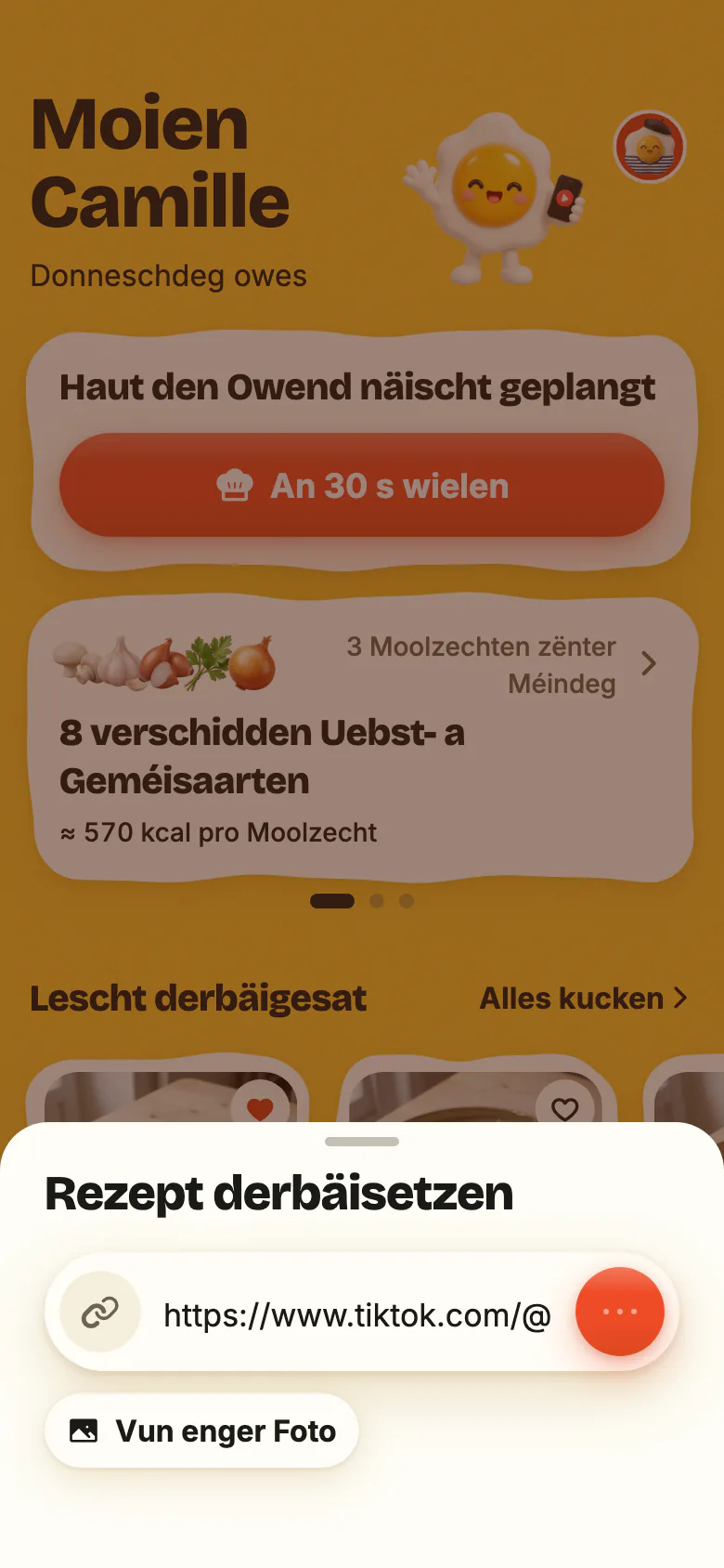 De Start vu Yumclip: e Rezeptlink am Feld agepecht, den Import, dee virugeet, an dann dat neit Rezept, dat ukënnt.