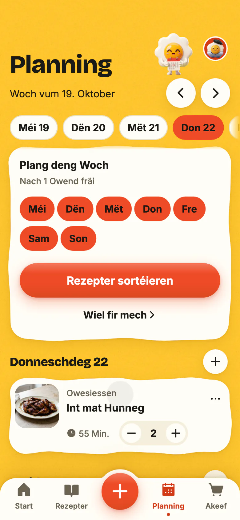 D’Planning vu Yumclip: e Rezept fir haut den Owend, an dann déi aner Owender vun der Woch, déi sech fëllen.