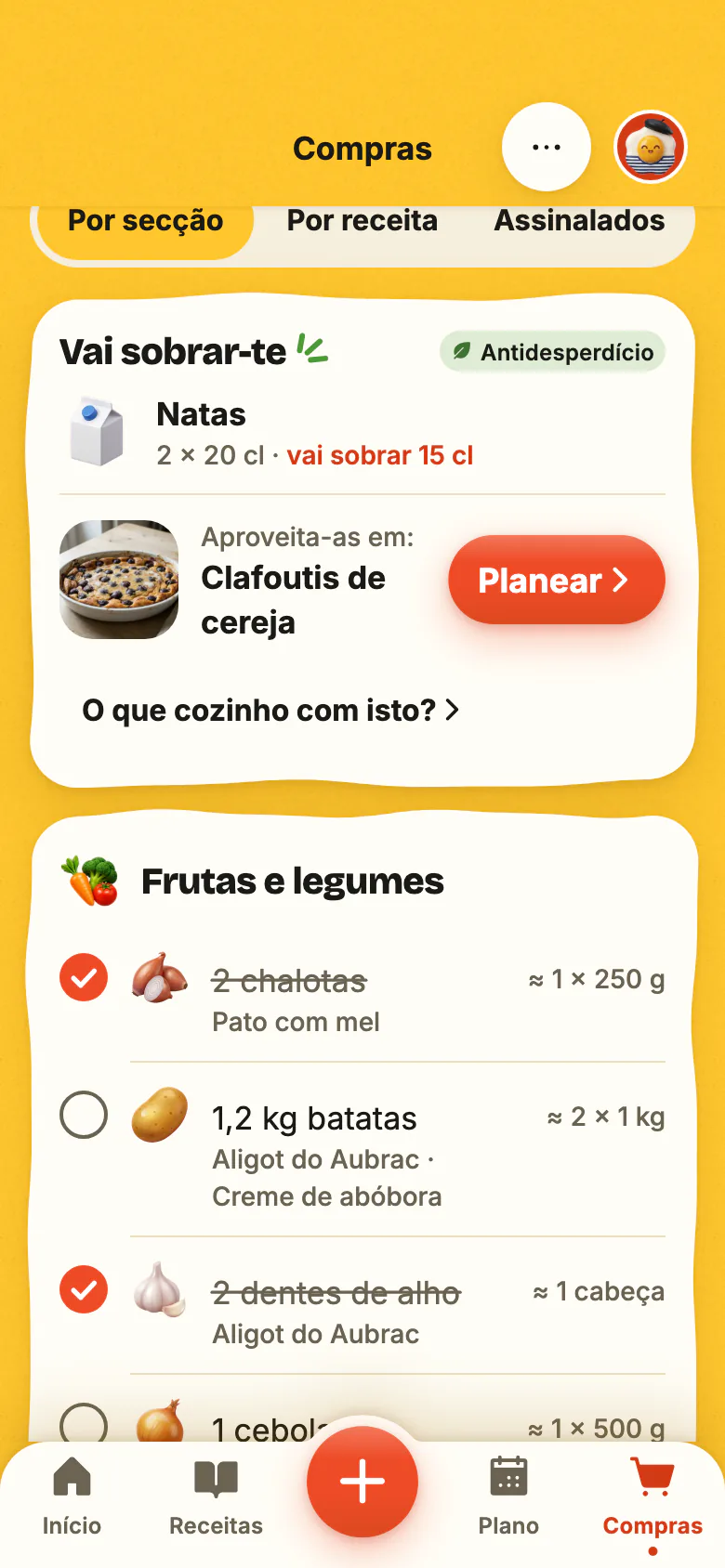 A lista de compras do Yumclip, arrumada por secção: produtos marcados um a um, depois «Vai sobrar-te» e a receita que aproveita o que sobra.
